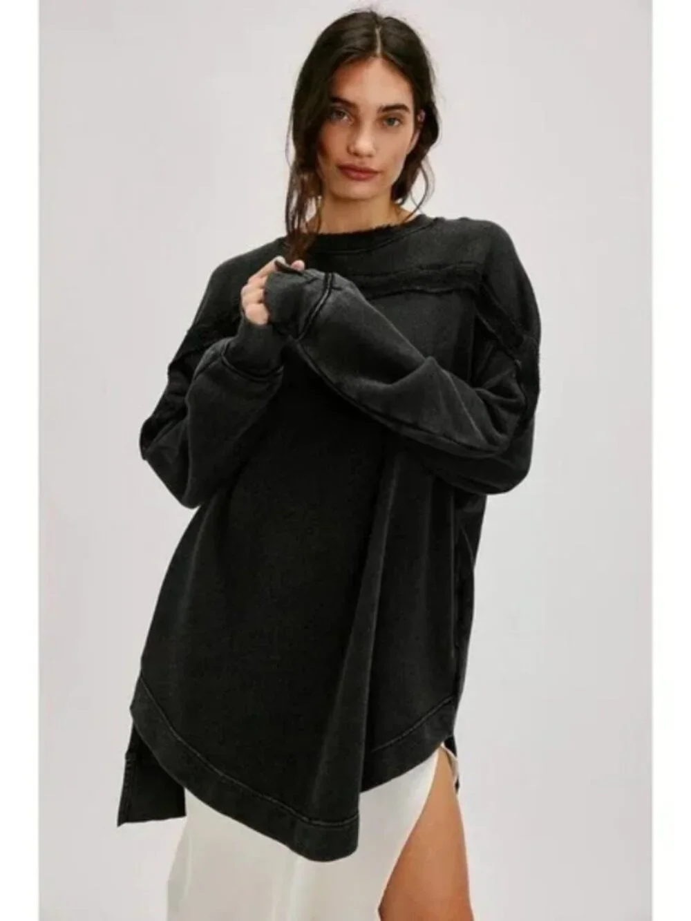 Free People Taylor Sweatshirt Tunic Top Oversized Black Pocket Pullover L